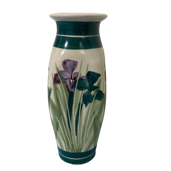 Signed Studio Art Pottery Hand Painted Iris Vase - Picture 2 of 7